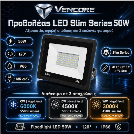 VenCore Proiector LED Etanș 50W Alb Cald 3000K IP66