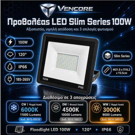VenCore Proiector LED Etanș 100W Alb Rece 6000K IP66