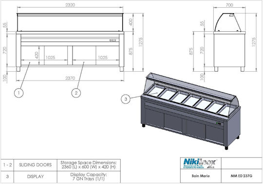 Niki Inox MM ED Beheizte Ausstellungsvitrine Ben Mari mit 7 Plätzen für Gastronomen und Leistung 4000W B137 x T70 x H129 cm