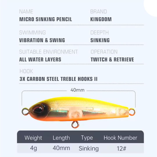 Kingdom Slow Sinking Pencil Τεχνητό Δόλωμα Ψαράκι (Minnow) 4εκ./4gr M10