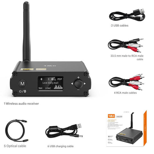 Hifi Receptor 1mii Ds220 Bluetooth 5.3 Es9018k2m Dac – Ldac Aptx Hd Aptx Ll Afișaj Oled Mod Eq Hi-Res Stereo Audio Adaptor Amplificator Difuzoare Tv Rca Optic Usb Wireless Sunet Audiophile