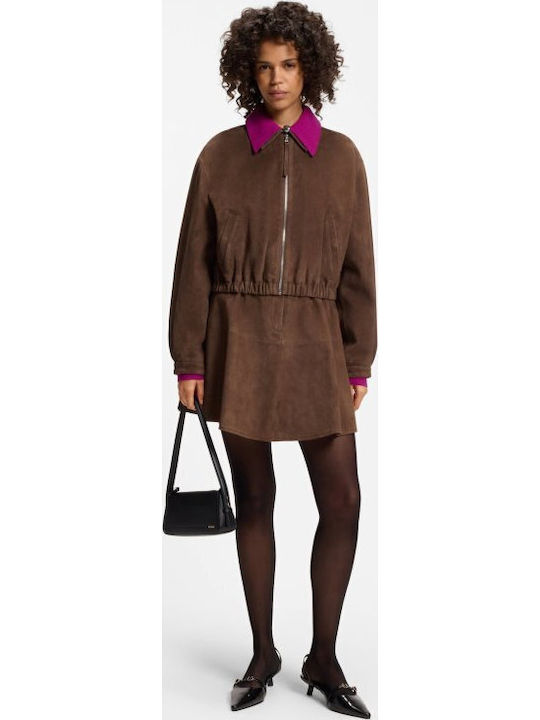 Women's Leather Jacket for Winter Brown