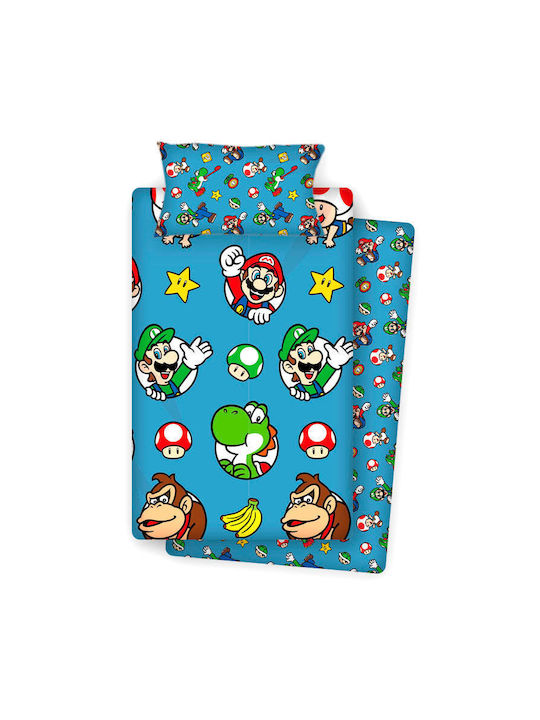 Nintendo Bettwäsche-Set Einzel aus Baumwolle & Polyester Super Mario Bros Blau 90x195cm 3Stück