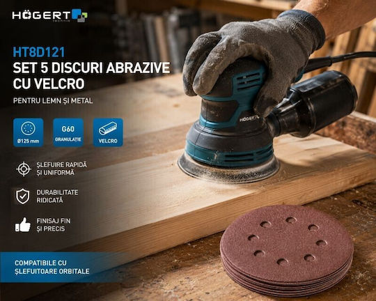 Set 5 Discuri de Șlefuire Velcro 125 Mm G60 Metal Lemn Ht8d121