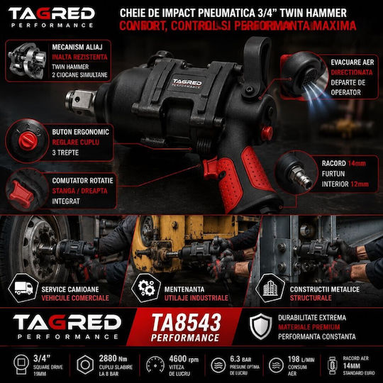 Tagred TA8543 Luftschlagschrauber 3/4" mit Maximalem Drehmoment 293,67kgm