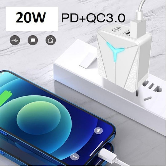 Andowl Încărcător Fără Cablu cu Port USB-A și Port USB-C 20W Alb (14889)