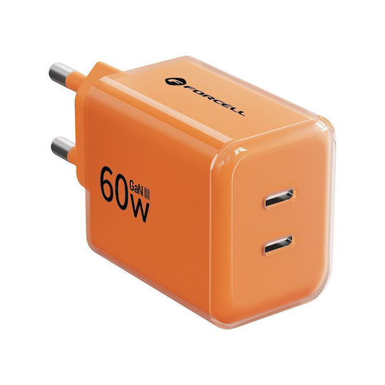 Forcell Încărcător GaN cu 2 Porturi USB-C și Cablu USB-C - USB-C 60W Power Delivery / Quick Charge 4.0 Portocaliu (F-Energy)