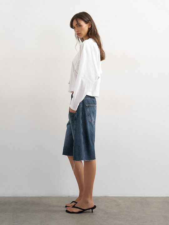 Women's Crop Cotton Long Sleeve White Top