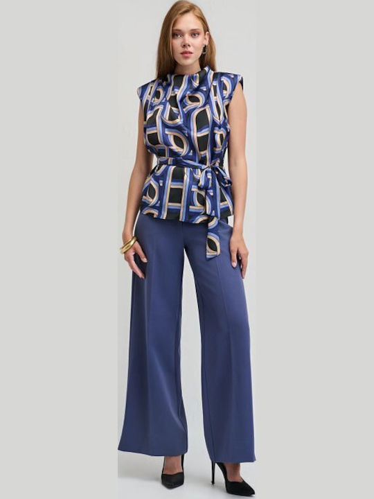 Damenbluse Satin Ärmellose Drapierung Blauer 1745005-mpl