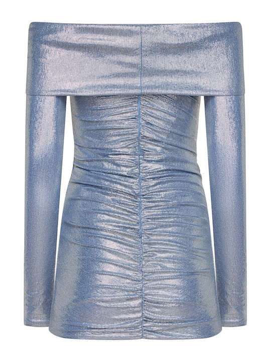 Summer Mini Evening Satin Dress Blue Silver