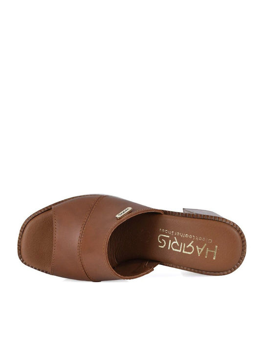 Leather Mules with Chunky High Heel in Tabac Brown Color