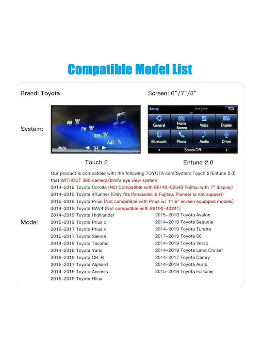 Digital IQ Car Audio System for Toyota Corolla / C-HR / Yaris / Verso / Auris / Avensis / Hilux / 4-Runner / Prius / RAV 4 / Highlander / Avalon / Sequoia / Tundra / Sienna / Tacoma / Land Cruiser / Camry / Alphard / Fortuner 2014-2019 (Bluetooth/USB/AUX/WiFi/GPS/Apple CarPlay/Android Auto) with 6" Touch Screen DIGITAL IQ TY 280_CPA