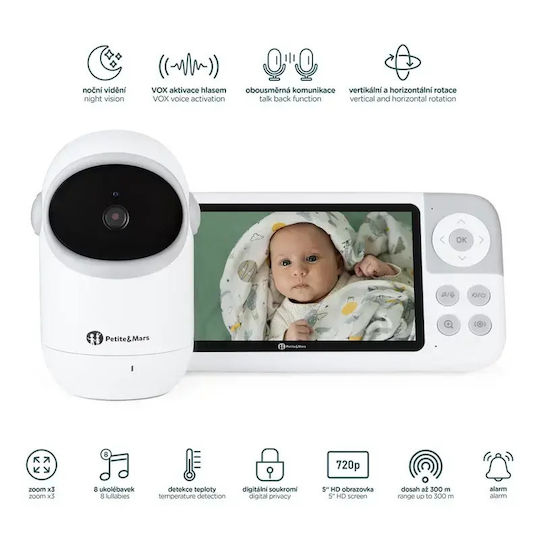 Petite & Mars Eve 5.0 Monitor pentru bebeluși Fără fir cu Audio bidirecțională și Cântece de leagăn și melodii