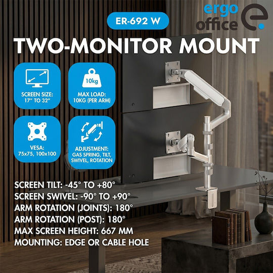 Ergo Office ER-692 Desk Mount for 2 Monitors up to 32" with Arm White
