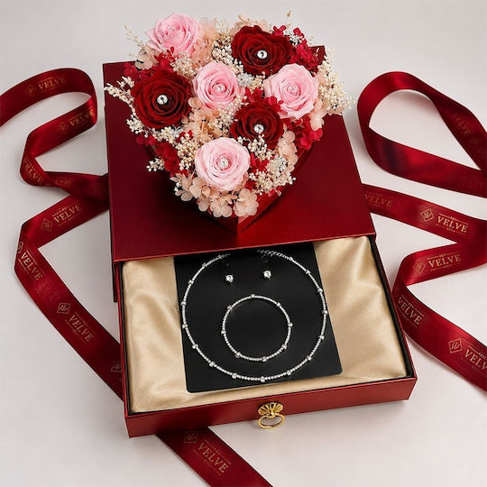 Premium Luxury Set Heart Arrangement 7 Cryogenated Roses Fine Scarf Tennis-style Jewelry Set In A Red Box Plexiglass