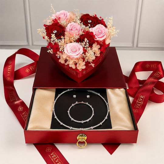 Premium Luxury Set Heart Arrangement 7 Cryogenated Roses Fine Scarf Tennis-style Jewelry Set In A Red Box Plexiglass