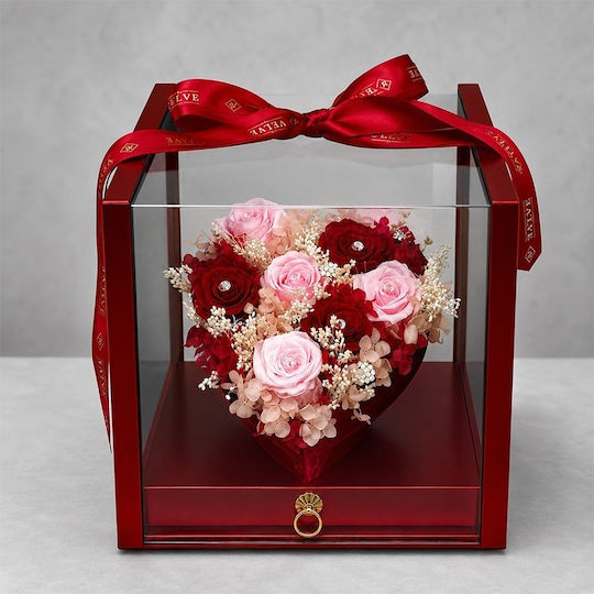 Aranjament Floral De Lux În Formă De Inimă 7 Trandafiri Criogenați Cristale În O Cutie Roșie Sertar Plexiglas Aranjament Floral De Lux În Formă De Inimă 7 Trandafiri Criogenați Cristale În O Cutie Roșie Sertar Plexiglas