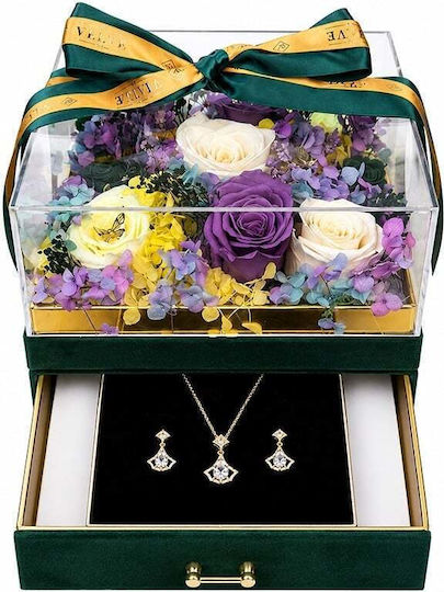 Set De Lux Premium 11 Trandafiri Criogenați Set De Bijuterii Cu Zirconiu În Cutie Pătrată Verde Din Catifea Sertar Plexiglas Set De Lux Premium 11 Trandafiri Criogenați Set De Bijuterii Cu Zirconiu În Cutie Pătrată Verde Din Catifea Sertar Plexiglas