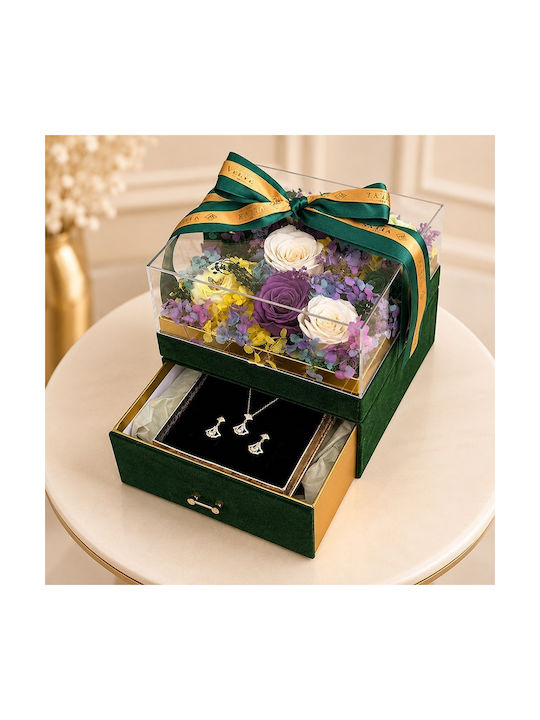 Set De Lux Premium 11 Trandafiri Criogenați Set De Bijuterii Cu Zirconiu În Cutie Pătrată Verde Din Catifea Sertar Plexiglas