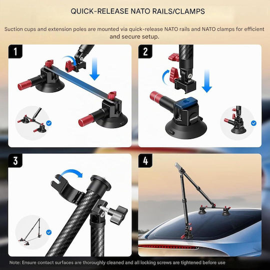 Neewer Ca136 Suport Auto Cu Trei Ventuze Sistem De Montare Pentru Cameră De Acțiune Compatibil GoPro Insta360 DJI Șină Nato Brațe Extensibile Din Fibră De Carbon Până La 60 Cm Sarcină Maximă 1 Kg Adaptor 1/4” Vlogging Pov Filmare Cod Produs 4307