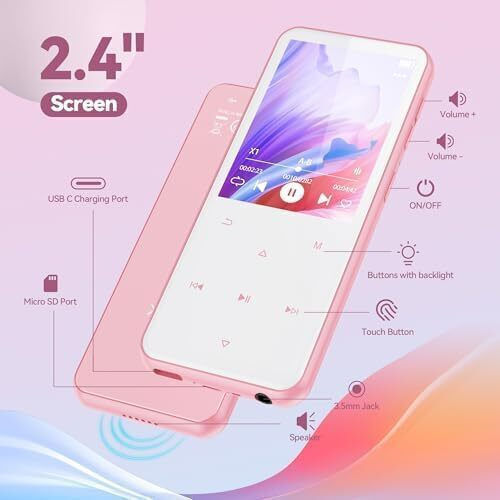 Agptek MP3 Player (64GB) Cu Ecran Tactil TFT De 2.4" Roz X002DIF2PD