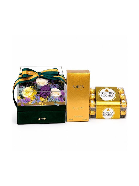 Set Premium De Lux 11 Trandafiri Criogenați Louis Varel Vibes Parfum 100 Ml Praline Ferrero Rocher În Cutie Pătrată Verde Din Catifea Sertar Plexiglas