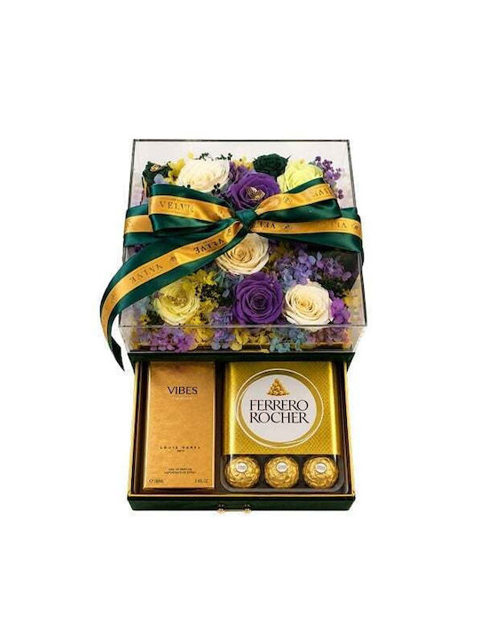 Set Premium De Lux 11 Trandafiri Criogenați Louis Varel Vibes Parfum 100 Ml Praline Ferrero Rocher În Cutie Pătrată Verde Din Catifea Sertar Plexiglas