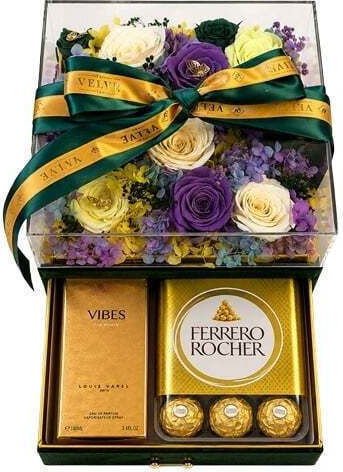 Premium Luxury Set 11 Cryogenated Roses Louis Varel Vibes 100 Ml Perfume Ferrero Rocher Pralines In A Green Velvet Square Box Drawer Plexiglass