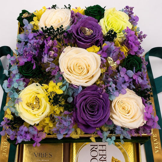 Premium Luxury Set 11 Cryogenated Roses Louis Varel Vibes 100 Ml Perfume Ferrero Rocher Pralines In A Green Velvet Square Box Drawer Plexiglass