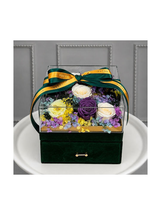 Set Premium De Lux 11 Trandafiri Criogenați Louis Varel Vibes Parfum 100 Ml Praline Ferrero Rocher În Cutie Pătrată Verde Din Catifea Sertar Plexiglas