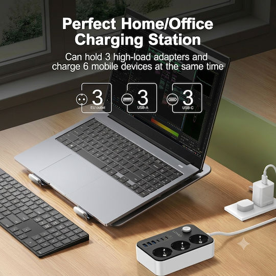 Ldnio Power Strip 3 Sockets with USB-A, 3 USB-C, Switch and 2m Cable