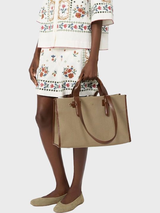 Set Leather Women's Shopper Shoulder Bag Beige