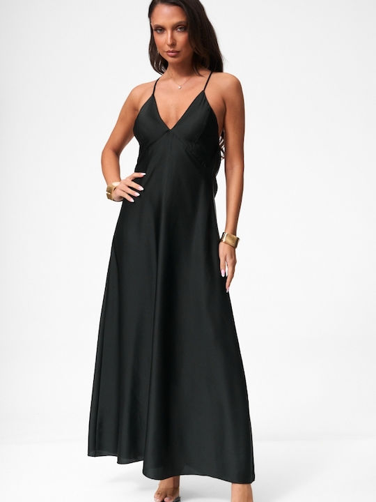 Maxi Evening Satin Open Back Black Dress