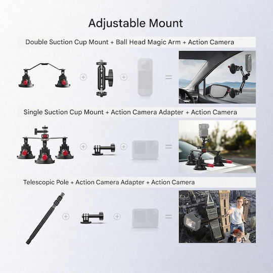Neewer Suport Auto 5 în 1 cu Ventuză Compatibil cu Insta360 X5 X4 X3 X2 GoPro Max DJI Osmo 360 Braț Extensibil 40–99 Cm Articulație 360° Eliberare Rapidă Montare pe Parbriz și Caroserie Vlogging Filmare