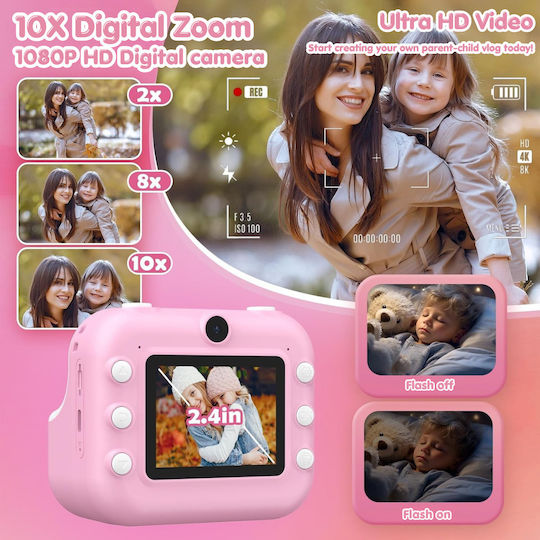 Qova Kinder Kompaktkamera mit Thermodruck Optischer Zoom 10x Rosa