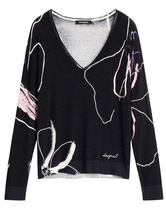Damen Langärmeliges Pullover mit V-Ausschnitt Schwarz