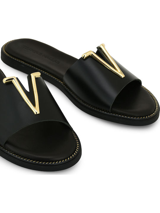 Leder Flache Sandalen für Damen Schwarz