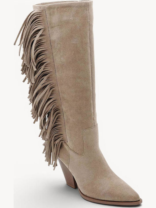 Beige Western Boots with Fringes Low Heel