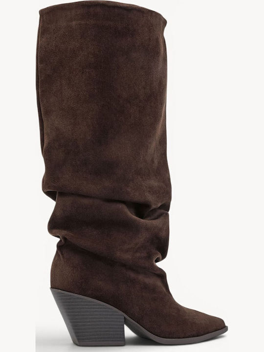 Brown Boots Ruched Pointed Toe Heel