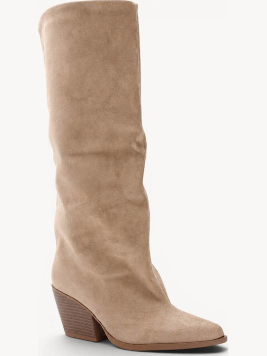 Beige Boots Pointed Toe Thick Heel