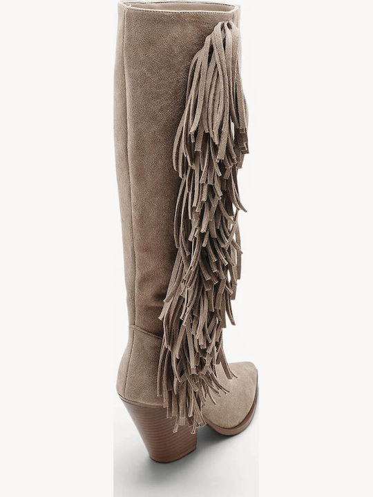 Beige Western Boots with Fringes Low Heel