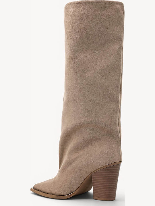 Beige Boots High Neck Thick Heel
