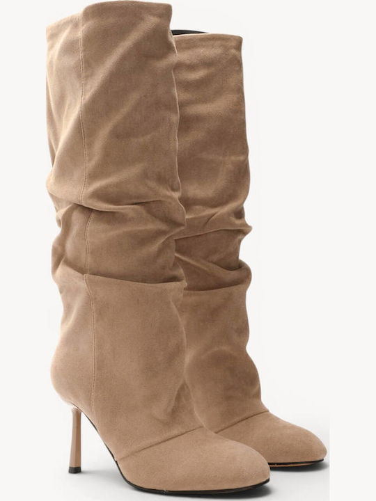 Бежови ботуши Шнуровка Кръгъл връх и Stiletto ток