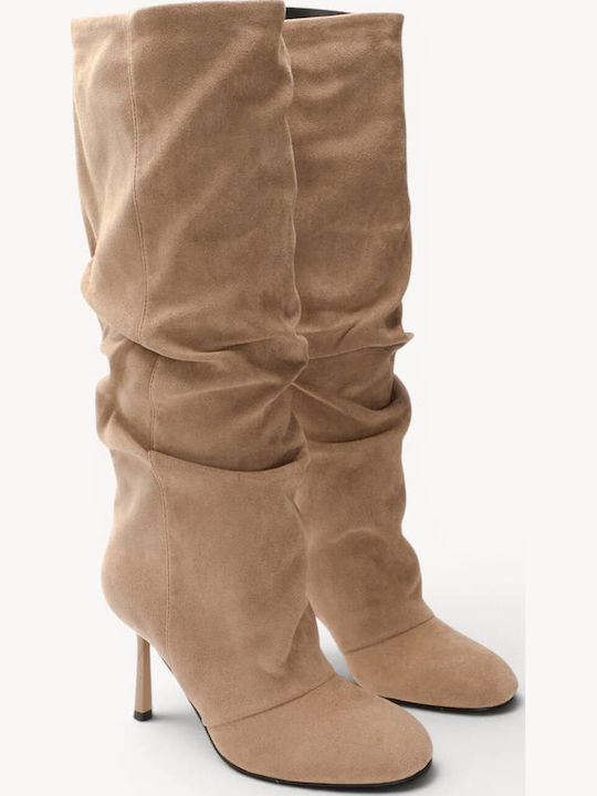 Бежови ботуши Шнуровка Кръгъл връх и Stiletto ток