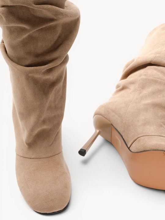 Бежови ботуши Шнуровка Кръгъл връх и Stiletto ток