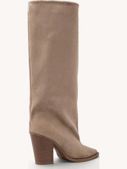 Beige Boots High Neck Thick Heel