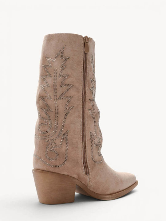 Beige Western Boots Suede Strass Low Heel