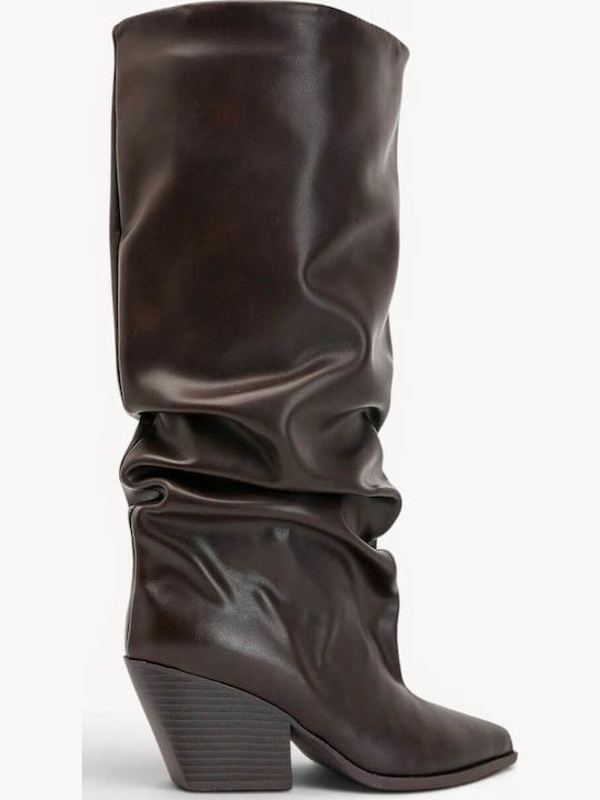 Brown Boots Ruched Pointed Toe Thick Heel