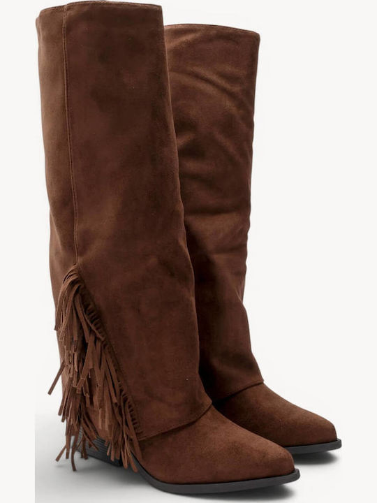 Brown Cowboy Suede Boots Fringes High Heel