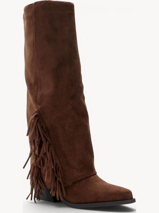Brown Cowboy Suede Boots Fringes High Heel